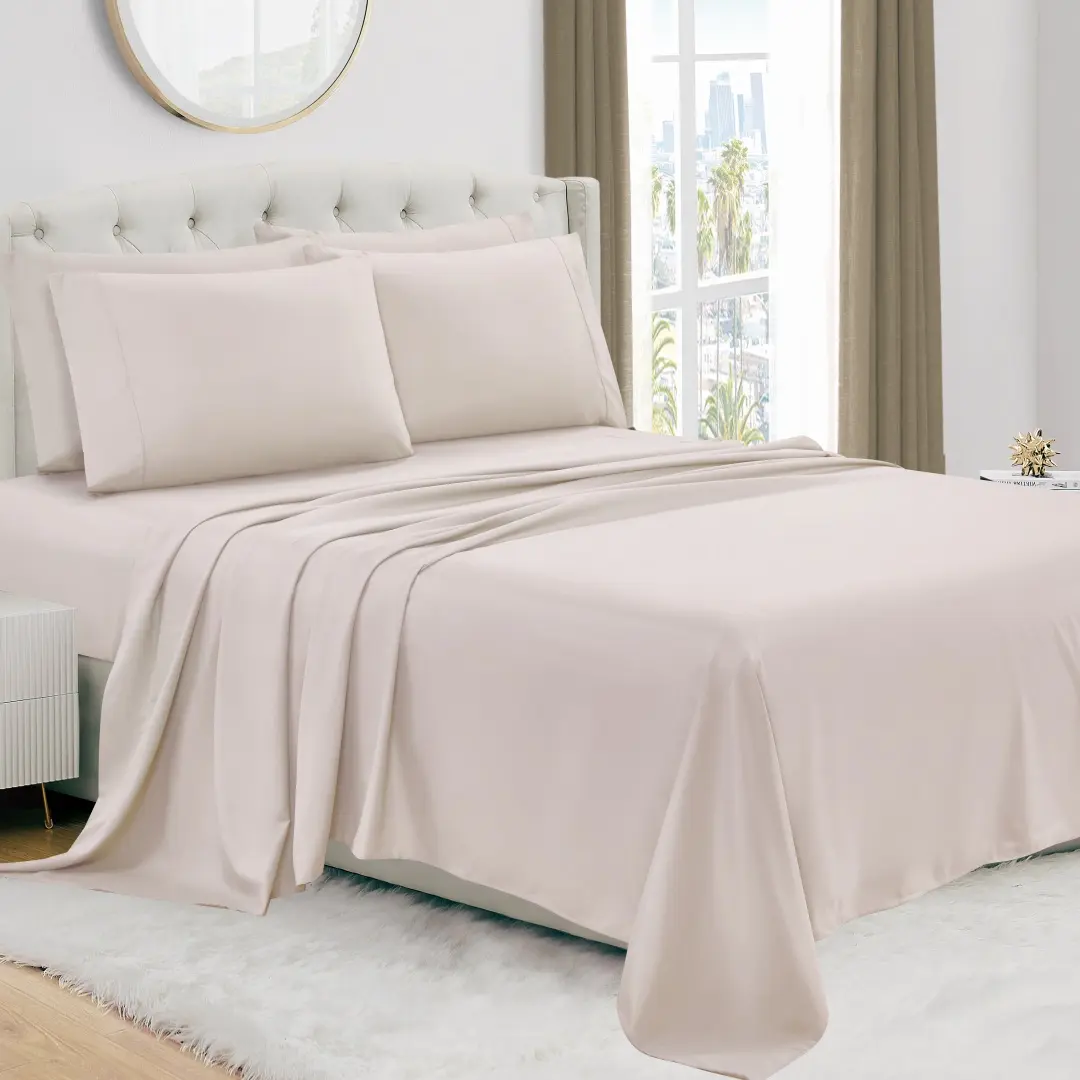 Fashion Home Luxury 4/6-Piece  Pocket Cooling Bed Sheet Set – Ultra Soft Hotel Style Bedding, Breathable Wrinkle Resistant Sheets for All Seasons with 16 Inches deep Pocket.-Beige