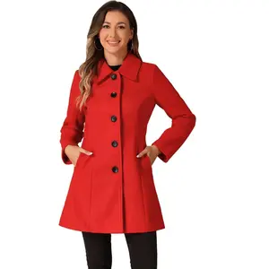 Allegra K Women's Collar Long Sleeve Single Breasted Winter Long Coat Medium Red
