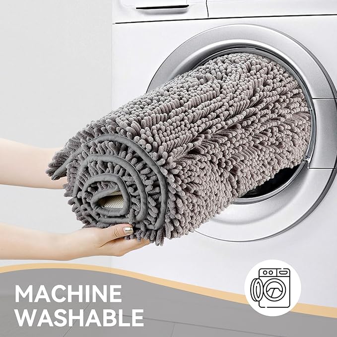 Low density low lint bathroom mat washable dog door mat, quick drying chenille pet door mat, machine washable indoor and outdoor carpet gray