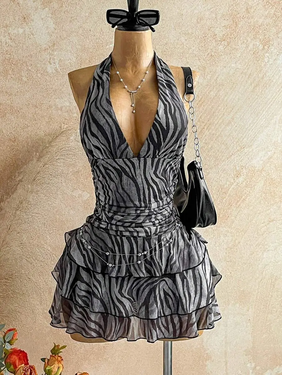 Vintage Tie-Dye Zebra Print V-Neck Tie-Up Mesh Ruched Romantic Holiday Dress/Mini Dress For Women, Autumn/Winter