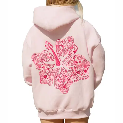 Women's Oversized Graphic Hoodie Tops for Women - Windproof Hood, Kangaroo Pocket, Palm Tree Print, Floral Back, Embroidered Shell Detail, Plus Size, Colorful, Long-Sleeve Polyester Loose Athletic Streetwear Clothing Pullover with Everyday Fit