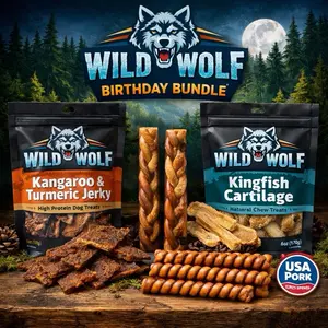 Wild Wolf Bday Bundle - Kingfish Cartiledge - Kangaroo & Turmeric Jerky - 6” Braided Bully Sticks - USA Pork Pizzle Springs