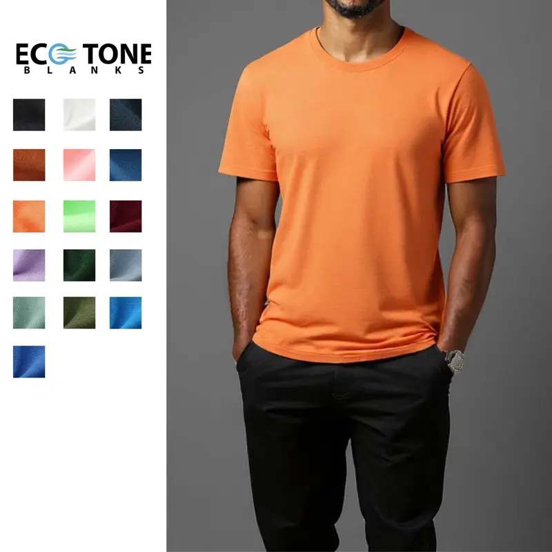 ECOTONE BLANKS Men's Classic Fit Combed Cotton Short-Sleeve T-Shirt - Plain Round Neck, Lightweight, Self-Taped, Breathable, Soft, Cold-Wash, Vintage Day All-Seasons Casual Athletic Basics Top