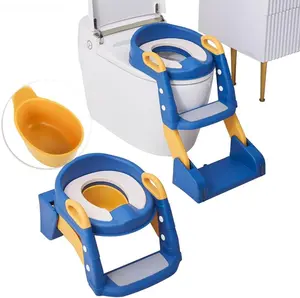 2 in 1 Toddler Toilet Seat & Step with Splash Guard & Ladder - Anti-Slip Pad Foldable Potty Seat for Kids Boys & Girls