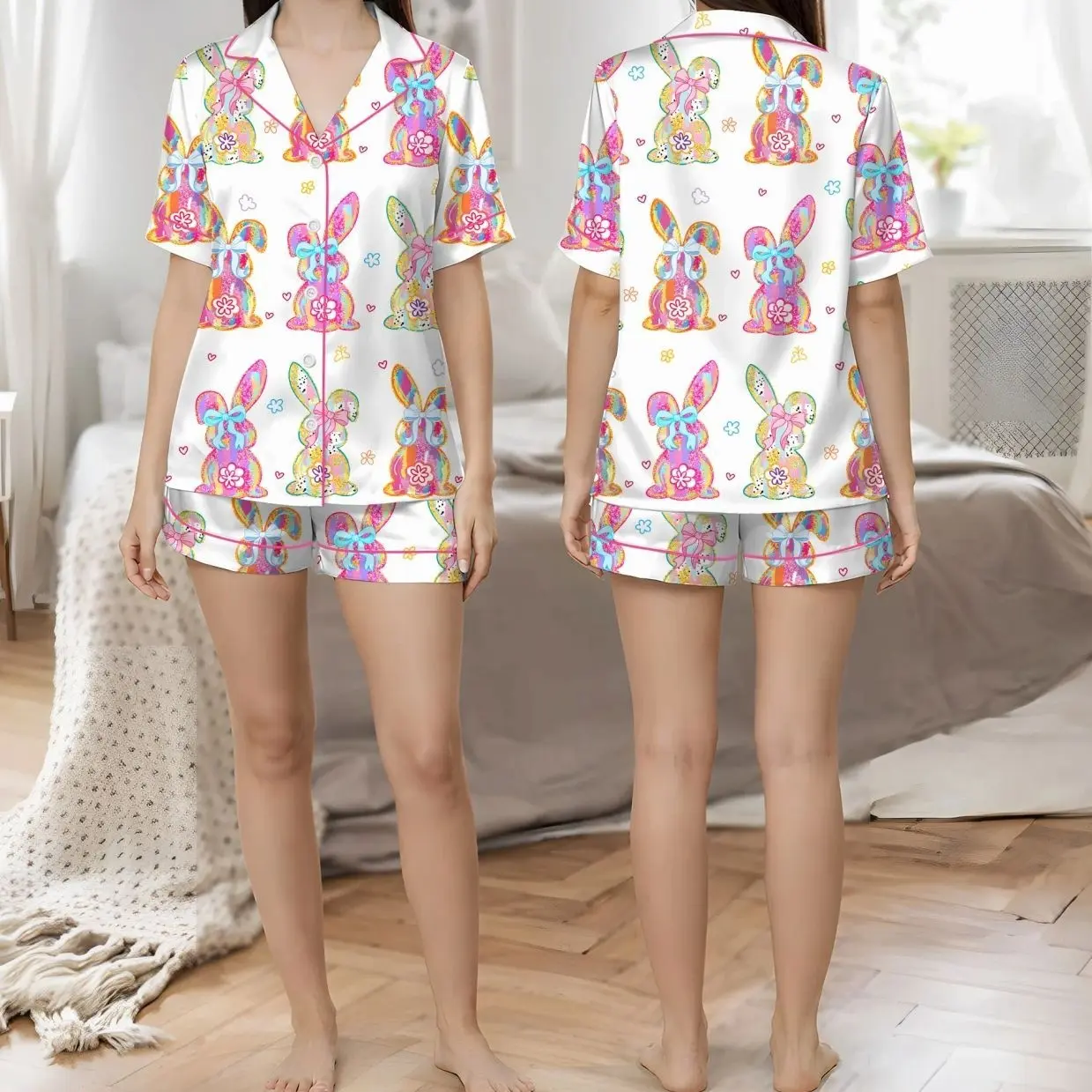 Women’s Happy Easter Coquette Girly Bunny Long & Short Sleeve Latin Pajama Set
