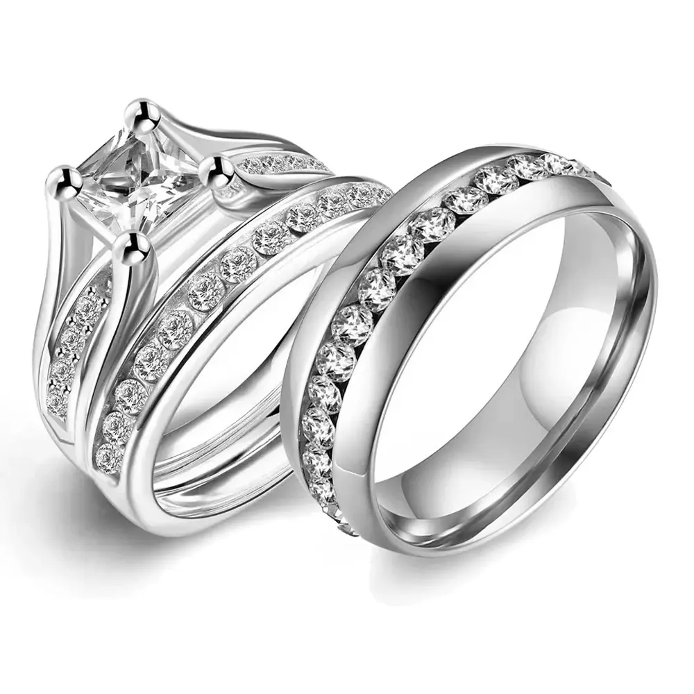 Fashion Couple Rings For Women Exquisite Rhinestones Zirconia Rings Set Simple Men Stainless Steel cz Rings Wedding Band Jewelry