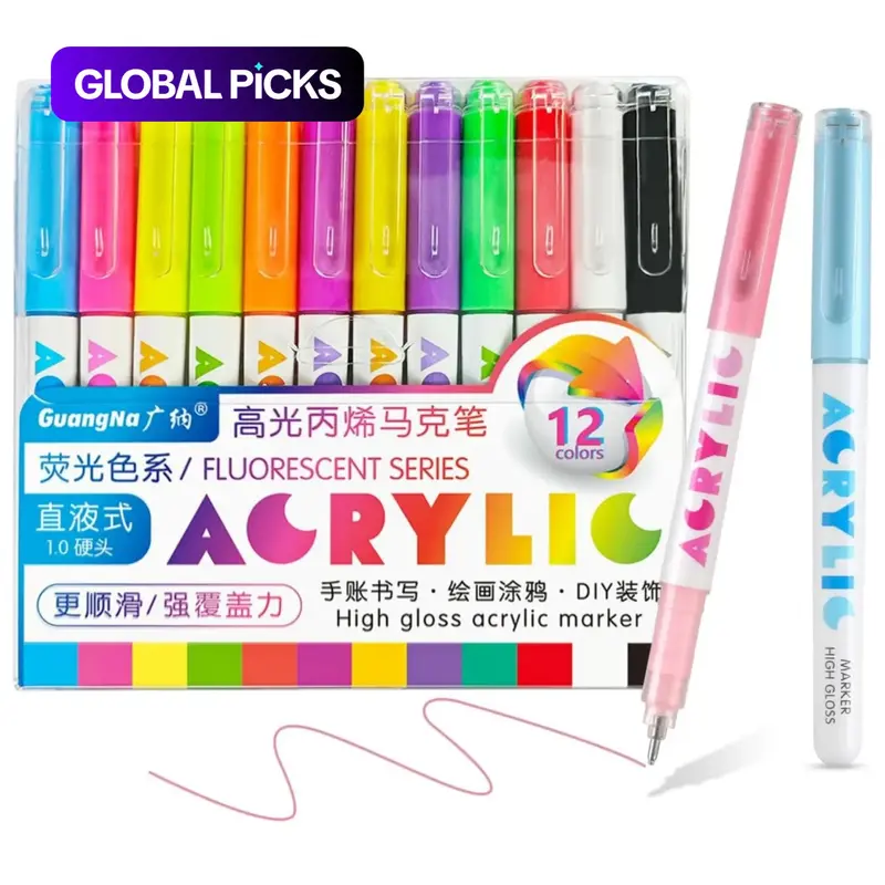 High Gloss Acrylic Paint Marker Pens, 1mm Bullet Nib Large Capacity Ink Art Markers, Acrylic Markers Set, Art Drawing Supplies, Bright Colors for Rock Painting, Canvas, Wood, Glass, Ceramic, Fabric and Plastic, Egg Painting, Art Supplies Kit #GLOBAL PICKS