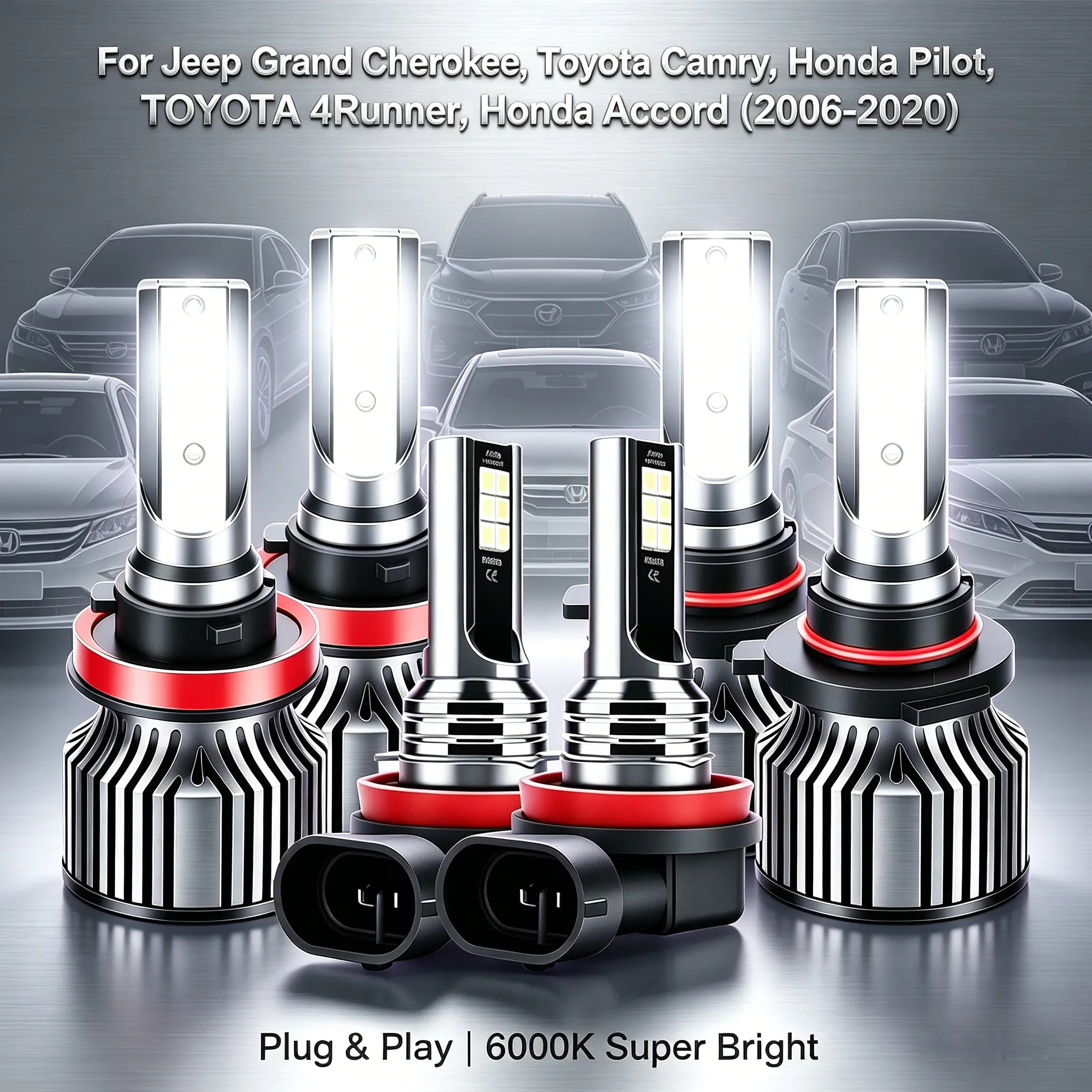 9005 + H11 LED Headlight Bulbs, 6000K Cool White, Plug and Play, High Low Beam/Fog Light Combo Kit, Compatible with Jeep Grand Cherokee, Toyota Camry, Honda Pilot/Accord, Toyota 4Runner