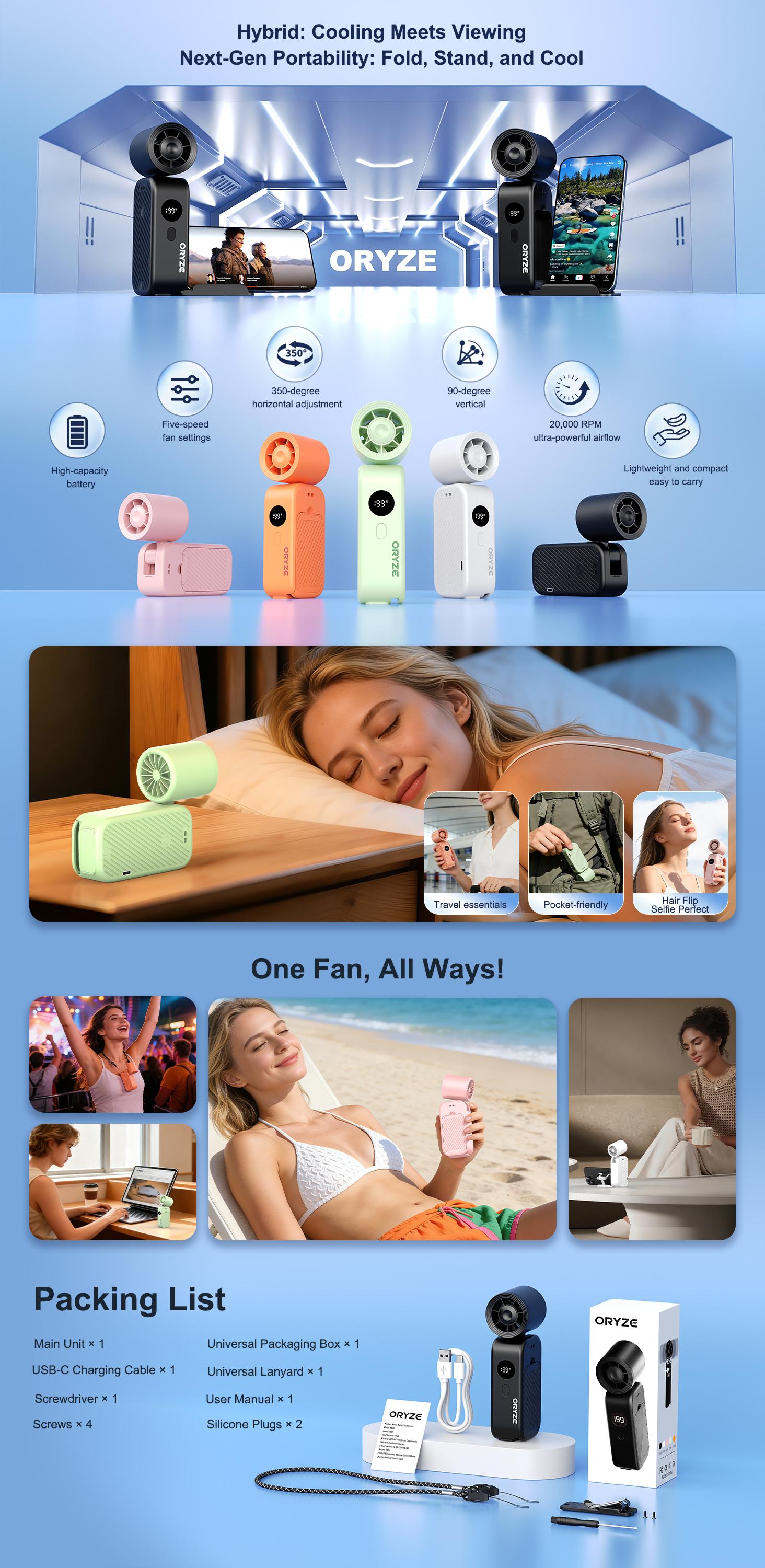 Portable Handheld Fan with Stand, Turbo Boost Technology, 199 Adjustable Speeds, Up to 20H Battery Life, Foldable & Wearable (Waist/Neck Clip) for Travel, Outdoor, Summer