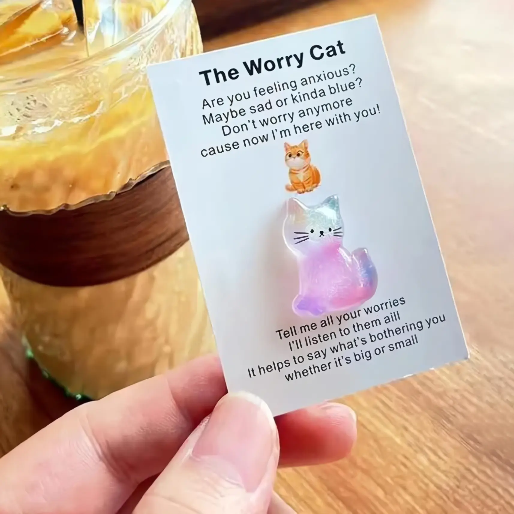 Cute Cat Pocket Hug Cards Set, Mini Resin Cats with Encouraging Words, Self-Adhesive Stickers, Christmas Gifts, Birthday Presents, Tearable Inspirational Greeting Cards