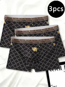 Men's Fashion Gold Print Casual Briefs (3 Pack), Slim-Fitting Comfortable Boyshorts for Daily Sports Training, All Seasons