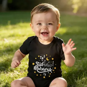 Baby Bodysuit Eid Mubarak Mosque Print 100% Pure Cotton Non-Irritating Snap Closure Breathable Perfect For Gifting & Everyday