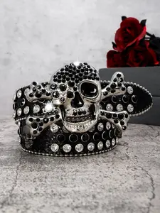 1pc Luxurious Western Cowboy PU Belt, Rhinestone Decorated Belt, Silver Color Skull Buckle, Unisex Party Accessory, Suitable for Daily Use & Nightlife