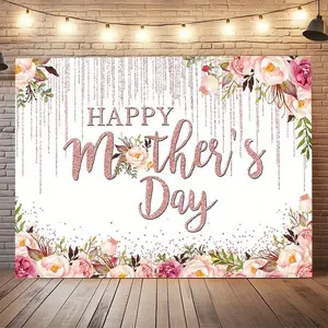 1PC Polyester 2D Flat Backdrop - Pink Floral Print with Rose Gold Glitter, Flowers, Happy Mother's Day & Birthday Themed Banner, Reusable Prop for Party Photography Background Wall Decoration