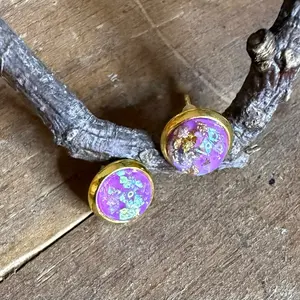Purple Gold Leaf Resin Druzy on Yellow Gold Plated Handmade Earrings 8mm Unique Design Vibrant Colors Inspired Drusy Earring