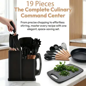 19 Piece Kitchen Set CutlerySet with 11 Piece Spatula Cooking Utensils, HeatResistant Silicone Cutlery 6 Piece Sharp Knife Set2 Piece Cutlery Cutting Board  WoodCookware Rectangular Round Stove WoodenPlastic .
