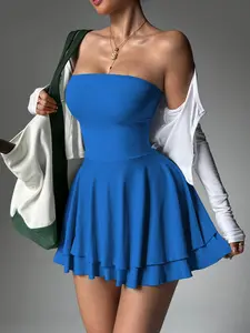 Women's Solid Color Strapless Yoga Dress – High Stretch Ruched Bust Athletic Dress with Flowy Skirt, Tummy Control, Built-in Shorts for Workout & Casual Wear
