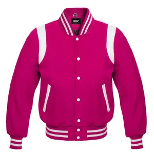 Letterman Baseball Collage School Varsity Jacket Hot Pink Collar Knit Bomber