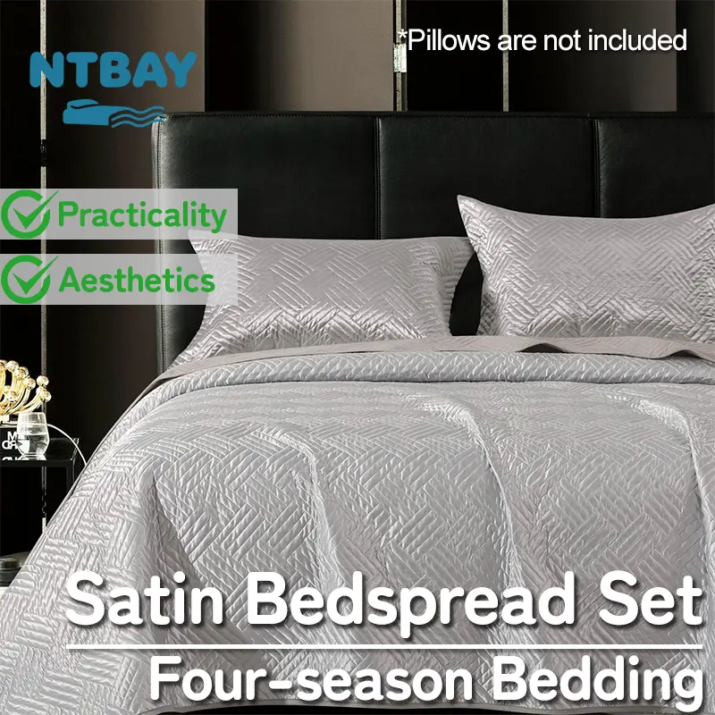 NTBAY Silk Satin Quilt Set Woven Embossing Bedspread Luxury Quilted Coverlet Set for All Seasons 1 Quilt 2 Pillow Shams European Round Corner Design Soft Microfiber Bedspread Easy Care Machine Washable