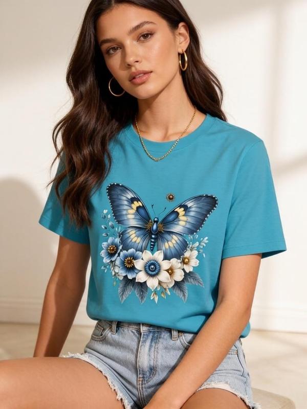 Women's Ditsy Floral T-Shirt - Blue Watercolor Wildflower Butterfly Daisy Graphic, Cyan Cap Sleeve Casual Elegant Short Sleeve Tops, Valentine's Day Apparel, Do Not Bleach, Sohochic