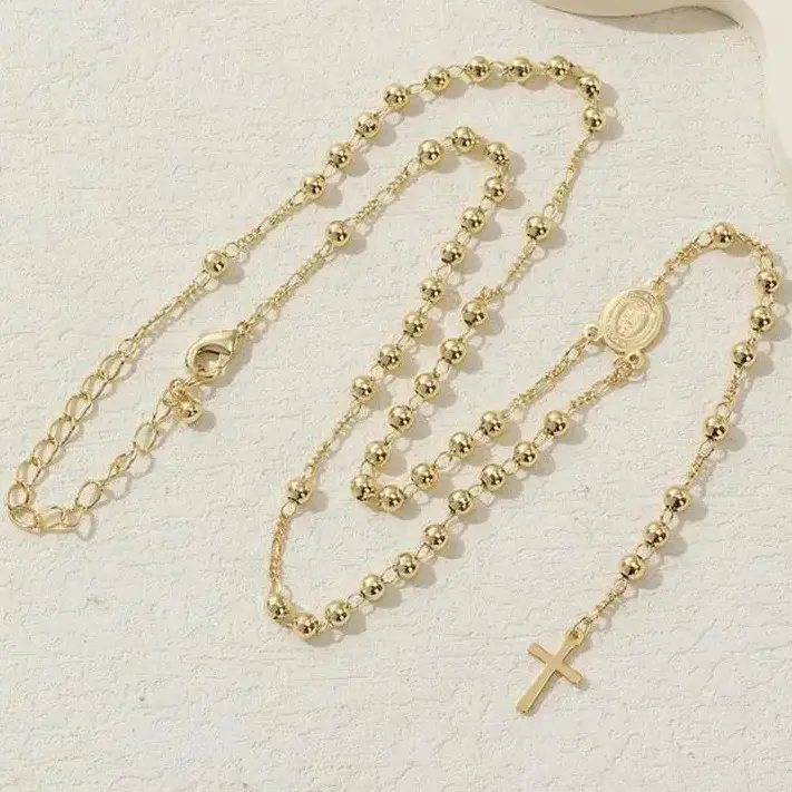 Santa Muerte Rosary Necklace, Gold-Plated Stainless Steel 24-Inch Chain, Hypoallergenic Unisex Jewelry for Daily Wear, Metal Coating