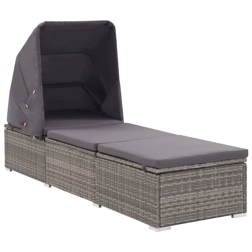 vidaXL Patio Lounge Chair, Sunlounger with Backrest and Footrest, Sunbed with Foldable Canopy and Cushion, Reclining Chair, Poly Rattan Gray 46248