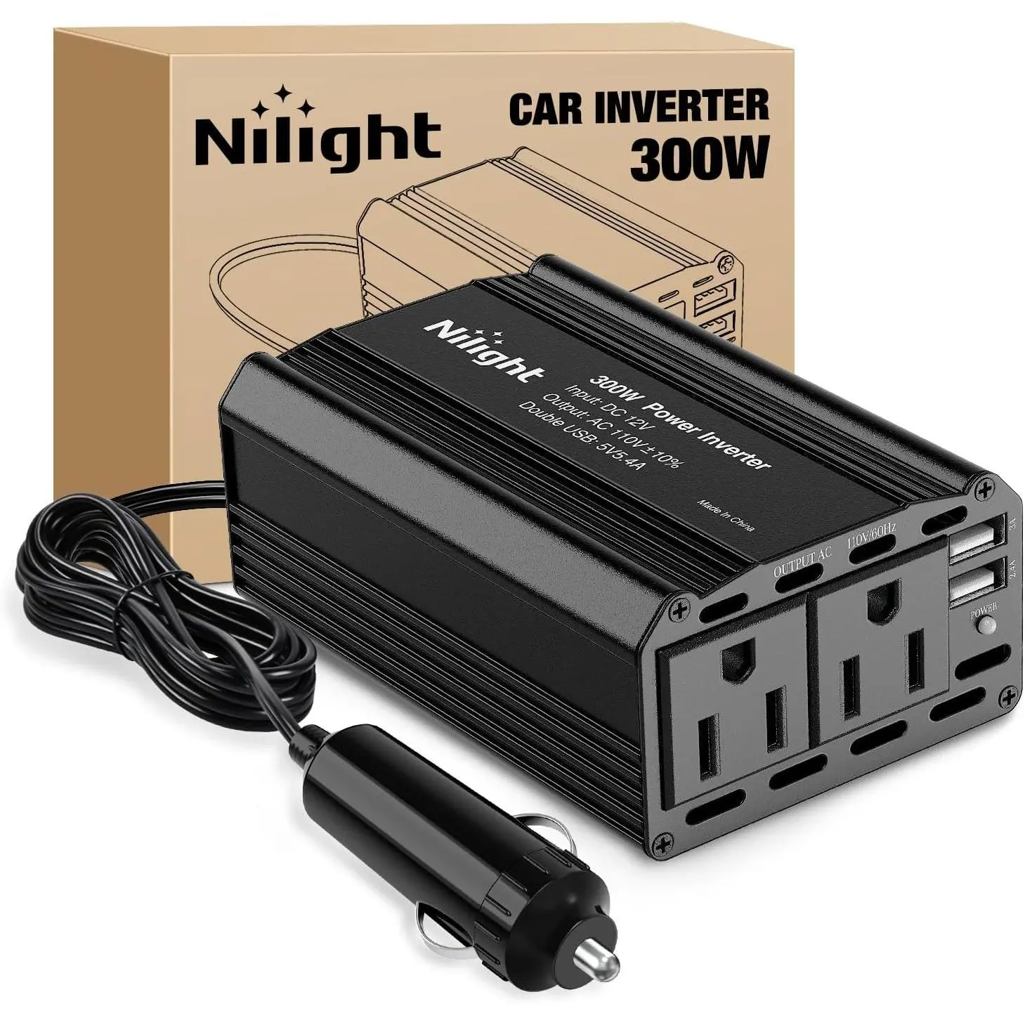 Nilight 300W 12V DC to 110V AC Smart Charge Car Power Inverter, High Speed Charger with 5.4A Dual USB Ports, 2 AC Outlets for Phones, Laptops Nilight 300W 12V DC to 110V AC Smart Charge Car Power Inverter, High Speed Charger with 5.4A Dual USB Ports, 2 AC Outlets for Phones, Laptops