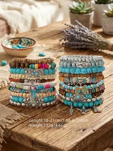 20pcs/ Set Bohemia Stretch Bracelet Set, Wooden Beaded Bracelets for Men Women, Punk Bracelet Wood Bangles Wristbands, Meaningful Jewelry Set Gift