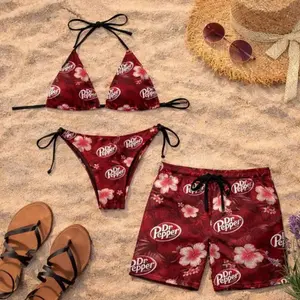 Dr Pepper Red Floral Bikini Set & Matching Swim Trunks, Couples Swimwear, Tropical Hibiscus Bathing Suit, Summer Vacation Gift for Her Him