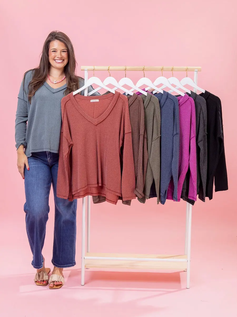 Zenana Raised Rib Long Sleeve Hi Low V-Neck Top | S/M-L/XL