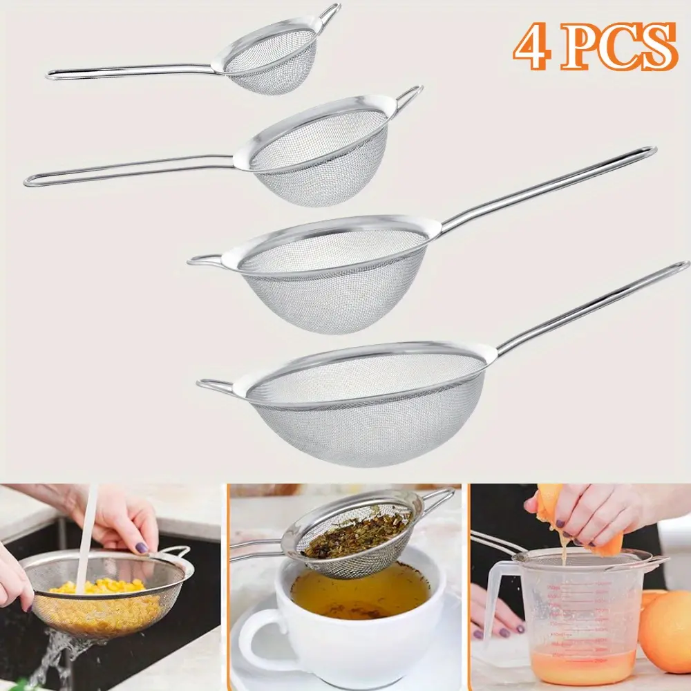 4 Pack Fine Mesh Strainers Set, Premium Stainless Steel Colanders and ...