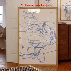 Vintage Dog Beach Sunbath Wall Art Print Artwork, Cute Animal Design Canvas Painting, Unique Home Decor for Living Room & Bedroom, Unframed, No Frame Needed