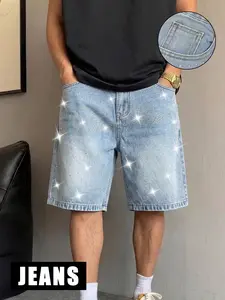 Men's Summer Casual Streetwear American Rhinestone Letter Pattern Vintage Jeans Pants, Comfortable and Fashionable, Slim Fit, Perfect for Daily Activities