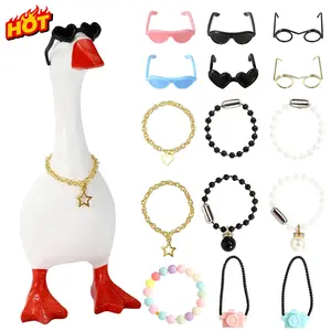 15pcs 7in Desk Goose Outfits, Mini Porch Goose Accessories with Sunglasses Camera Pendant Necklaces Collar Heart Star Gold Chain Fun Clothes Costume Set for Magnetic Table Geese Statue Christmas Decor