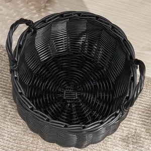 Lucius Round Resin Woven Wicker Basket with Handles – 13" x 13" x 10.2" Black Storage Basket for Clothes, Towels, Toys, Magazines – Stylish Home Decor & Laundry Hamper