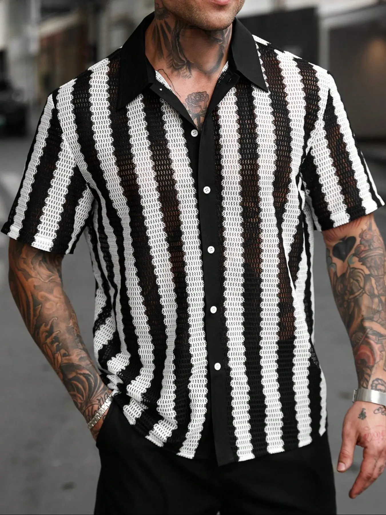 Men's Striped Two-Tone Jacquard Knit Casual Button Down Shirt, Fitted Thin Fabric, Perfect for Summer Daily Wear & Street Style, Casual Collared Shirt, Button Front Shirts
