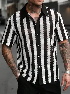 Men's Striped Two-Tone Jacquard Knit Casual Button Down Shirt, Fitted Thin Fabric, Perfect for Summer Daily Wear & Street Style
