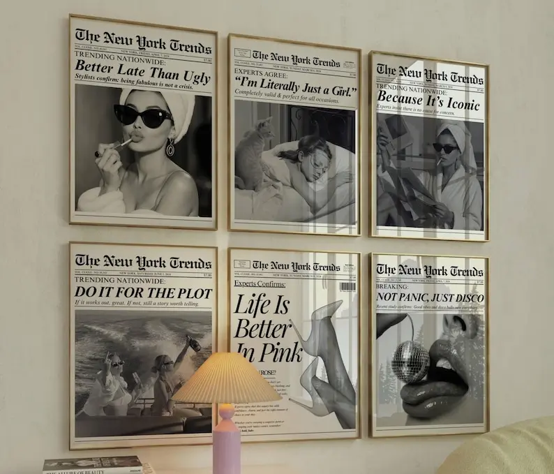 Set of 6 Trendy Newspaper Print – Girly Newspaper Poster, Decorative Newspaper Art Print, Black & White Newspaper Prints, Newspaper Wall Art