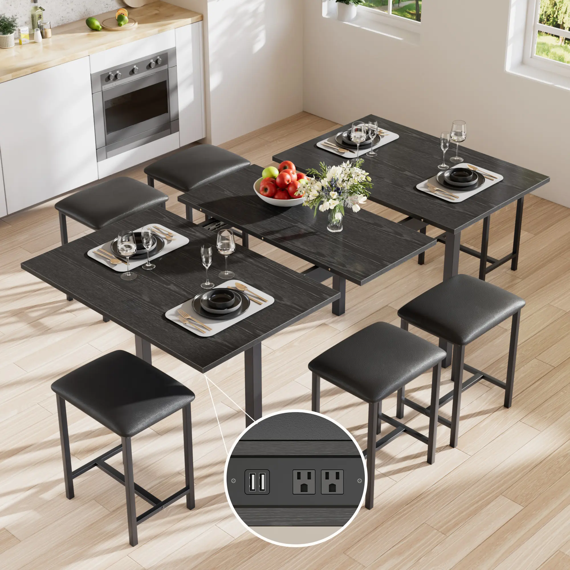 VECELO Dining Table Set with USB Charging Station for 4-8 People Kitchen Dining Table Set, Extendable Wooden Dining Table and 6 Upholstered Chairs (Optional), for Small Spaces, Living Room Furniture, Black