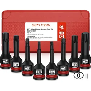 GETLITOOL 8Pcs Impact Torx Bit Socket Set, 1/2" Drive S2 Steel Star Bit Sockets T30-T80 with Size-marked and Storage Case for Car Repair, Mechanical Maintenance, Tools for Men's Gift