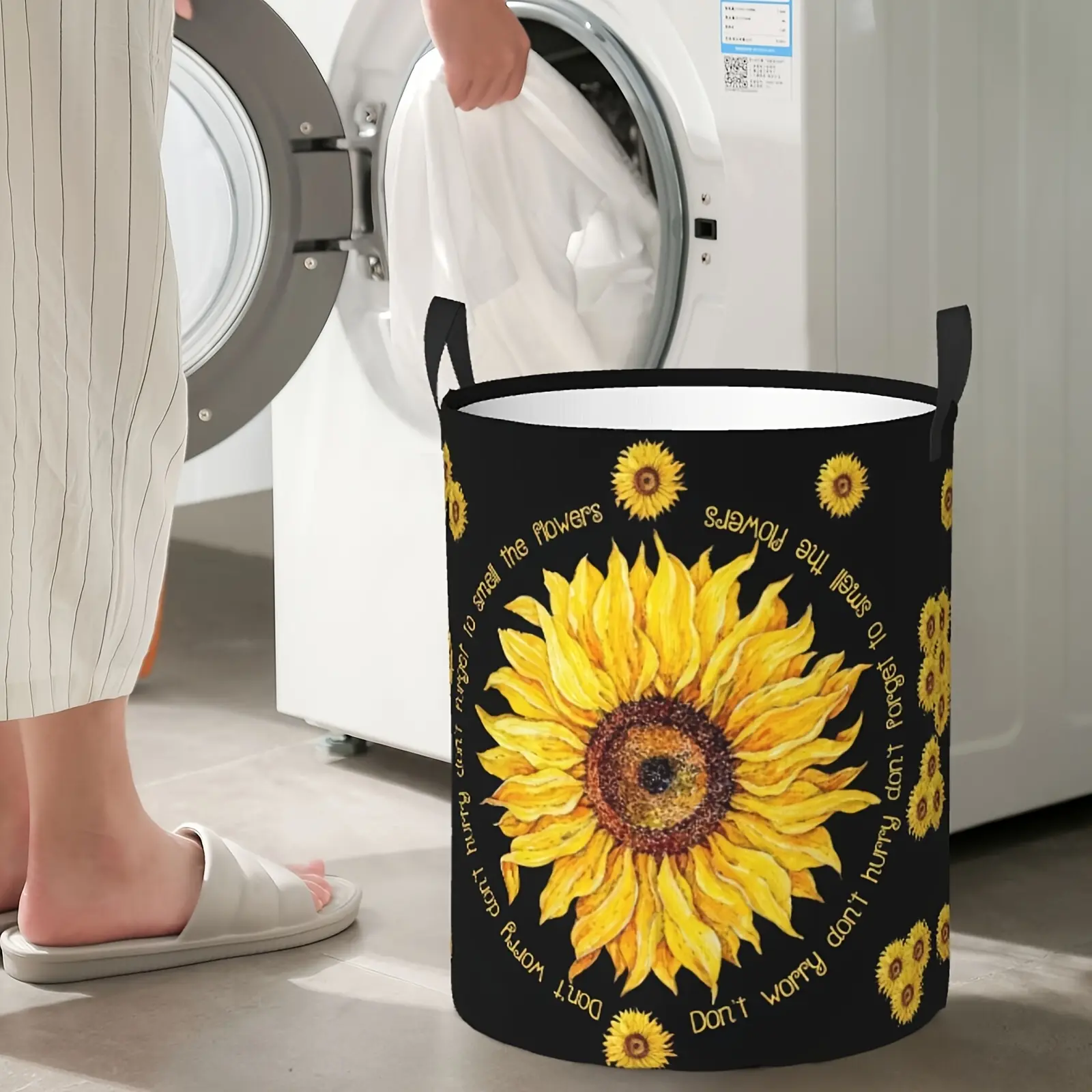 Sunflower Laundry Basket - Large Size, Suitable for Folding Dirty Clothes, Durable and Lightweight, Oxford Round Foldable Storage Basket with Organizing Straps and Handle, Suitable for Home Bathrooms and Bedrooms, Laundry Basket.