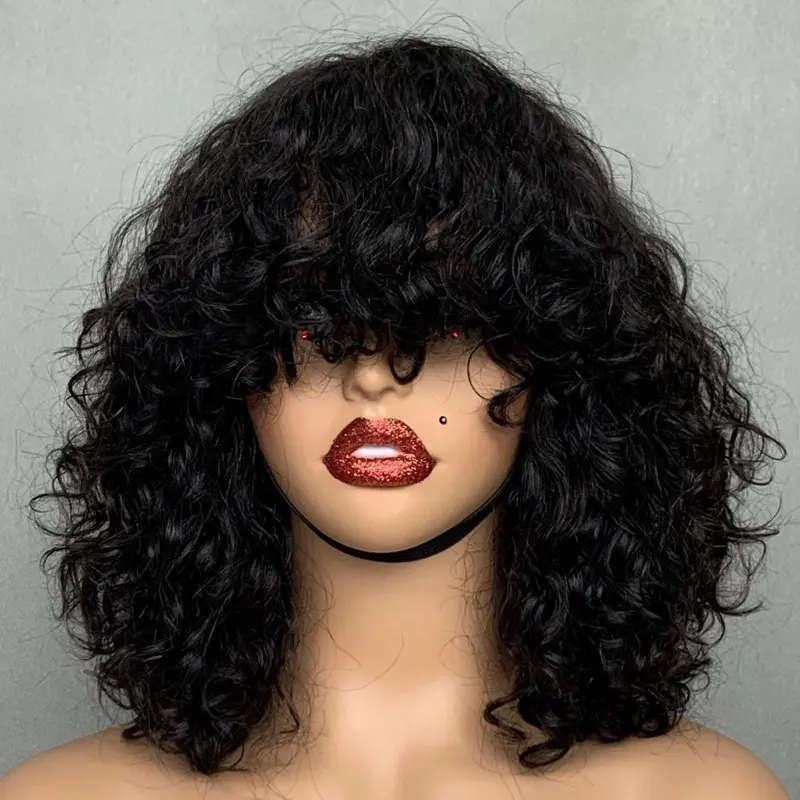 12 inches luxury curly virgin hair wig bang natural Hair ombre machine made human bob wigs for women