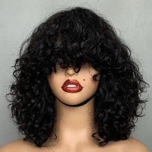 12 inches luxury curly virgin hair wig bang natural Hair ombre machine made human bob wigs for women
