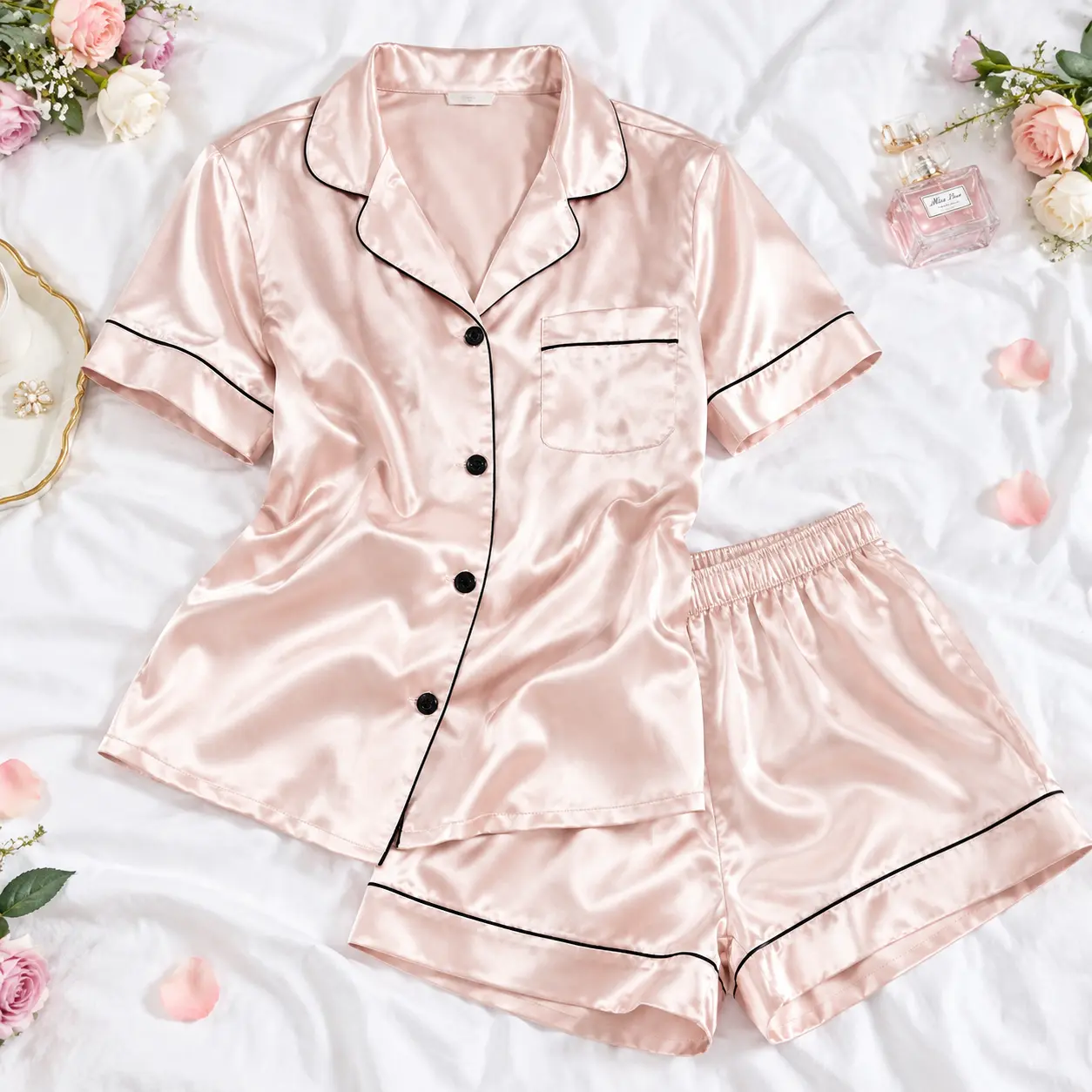 【Black Friday】Women's 2-Piece Satin Pj Sets for Women, Short-Sleeve Silky Button-Down Top with Contrast Piping, Elastic Waist Fall Lounge Shorts