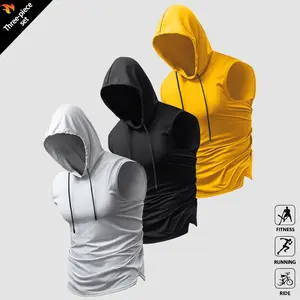 Men’s three-piece set: hooded sleeveless sports tank top; quick-dry, breathable fitness fabric; available in multiple colors; men’s tops; fitness tops; running sets; hooded tank tops; versatile for summer workouts.