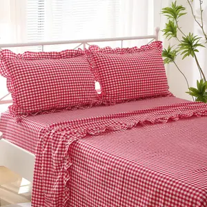 Red White Ruffle Sheets King Size 4-Piece Set, 300TC 100% Yarn Dyed Cotton Sheets Deep Farmhouse Gingham Decorative Bedding(Red/White,King)