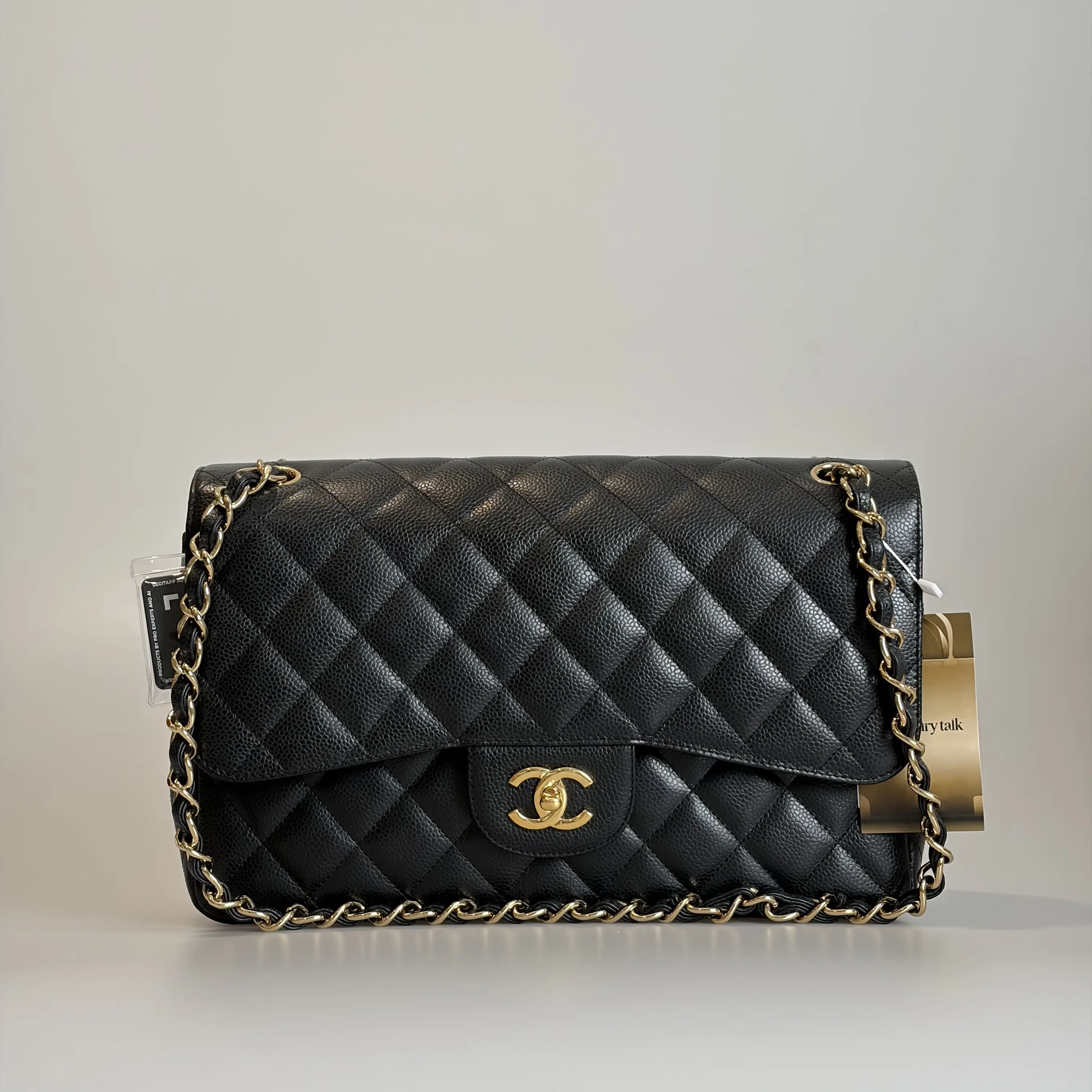 Pre-owned CHANEL Caviar Leather Shoulder Bag Classic Flap Jumbo Double Flap Black Quilted Gold Hardware 68578028 Sold As Is / Final Sale