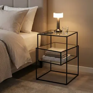 2 in 1 Nesting Coffee Table Glass Square Side End Tables W/ Metal Frame, Bedside Table, Coffee Table, for Livingroom, Bedroom, Kitchen