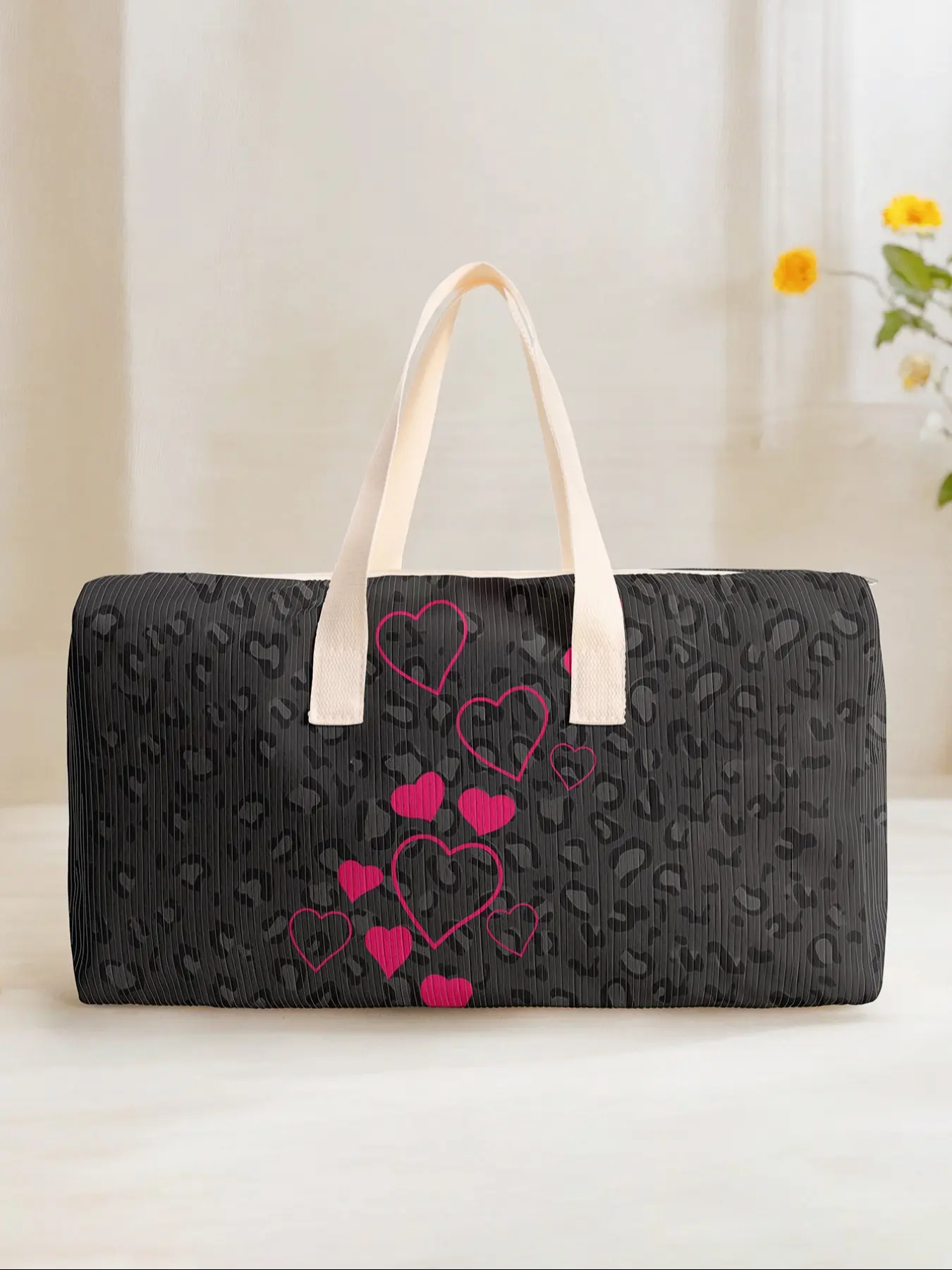 Large Capacity Corduroy Travel Duffel Bag, Heart Pattern Print, Casual Yoga Fitness Handbag, Perfect for Weekend Getaways & Daily Commuting, Travel Duffle Bag, Traveling Bag, Travel Essentials Bag