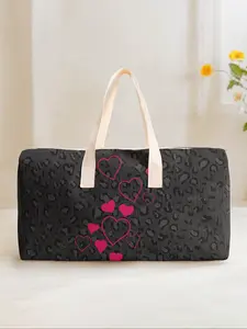 Large Capacity Corduroy Travel Duffel Bag, Heart Pattern Print, Casual Yoga Fitness Handbag, Perfect for Weekend Getaways & Daily Commuting, Travel Duffle Bag, Traveling Bag, Travel Essentials Bag